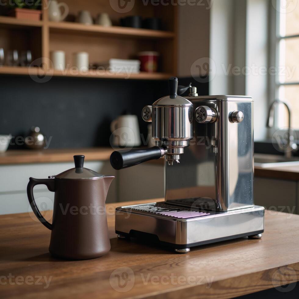 italiano metálico Café exprés máquina en rústico de madera mesa para hogar utilizar moca café maceta foto