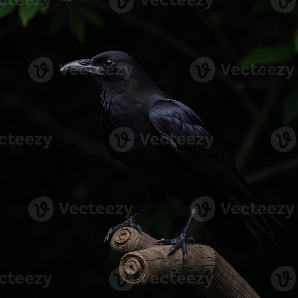 A gloomy raven perched somberly on a bare tree limb against a backdrop of darkness photo