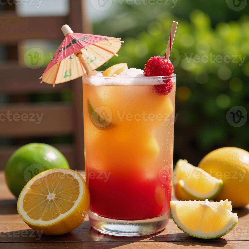 Colorful Tropical Drink with Umbrella Fruit Garnish Ideal Summer Refreshment photo