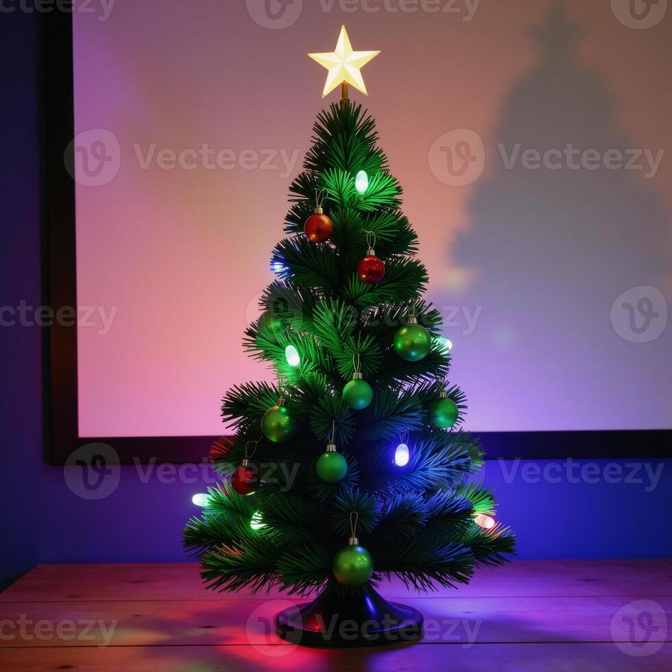 Green Christmas Tree with Bright Ornaments Against Glowing Background photo