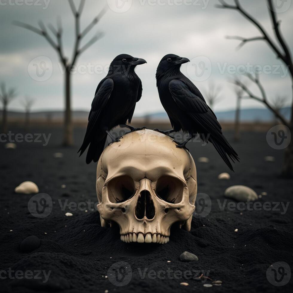 Ravens perched upon a skull within a brooding landscape photo