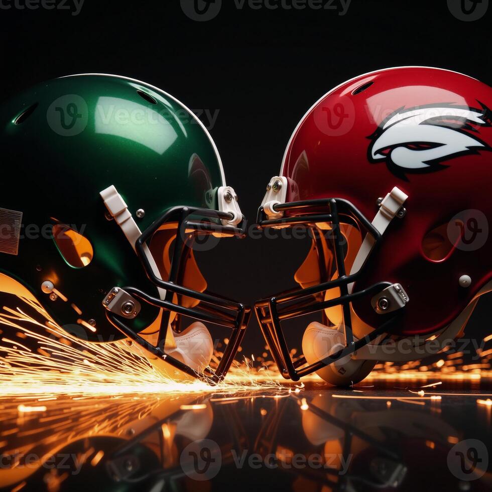 Dramatic showdown between two football helmets surrounded by sparks and flames photo