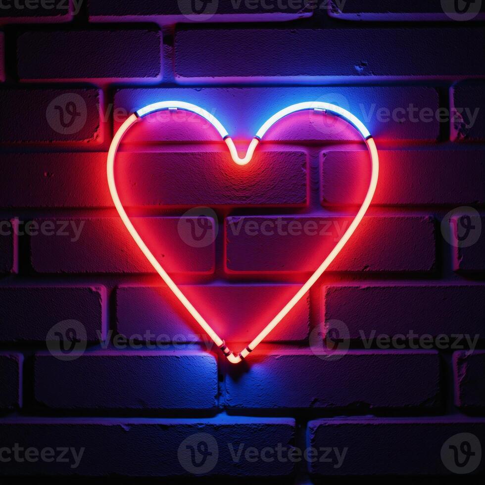 A vibrant red and blue neonlit heart against a brick wall backdrop photo