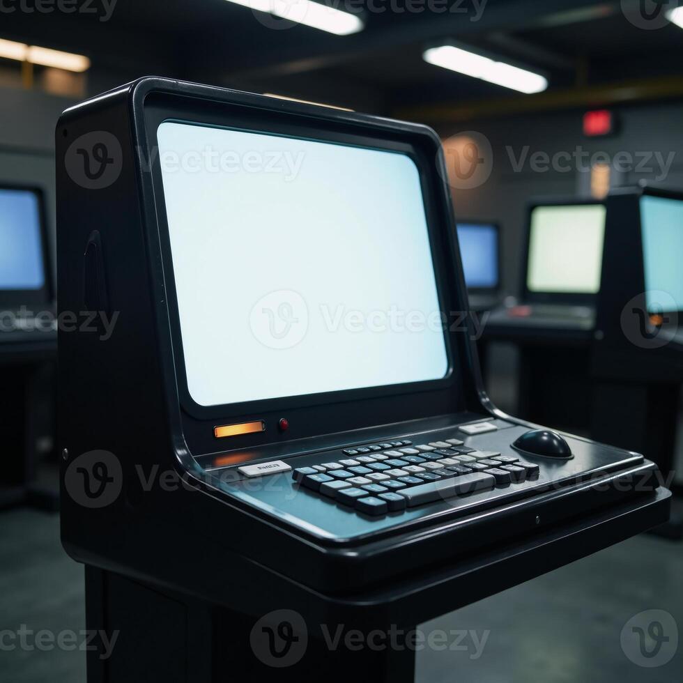 A retrofuturistic scifi computer terminal awaits interaction on a blank screen within a game design setting photo