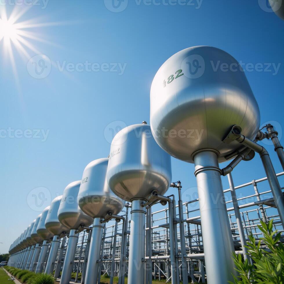 Blue spherical hydrogen tanks in a modern innovation power station showcasing BPVC technology and housing H2 molecules beneath the summer sky photo