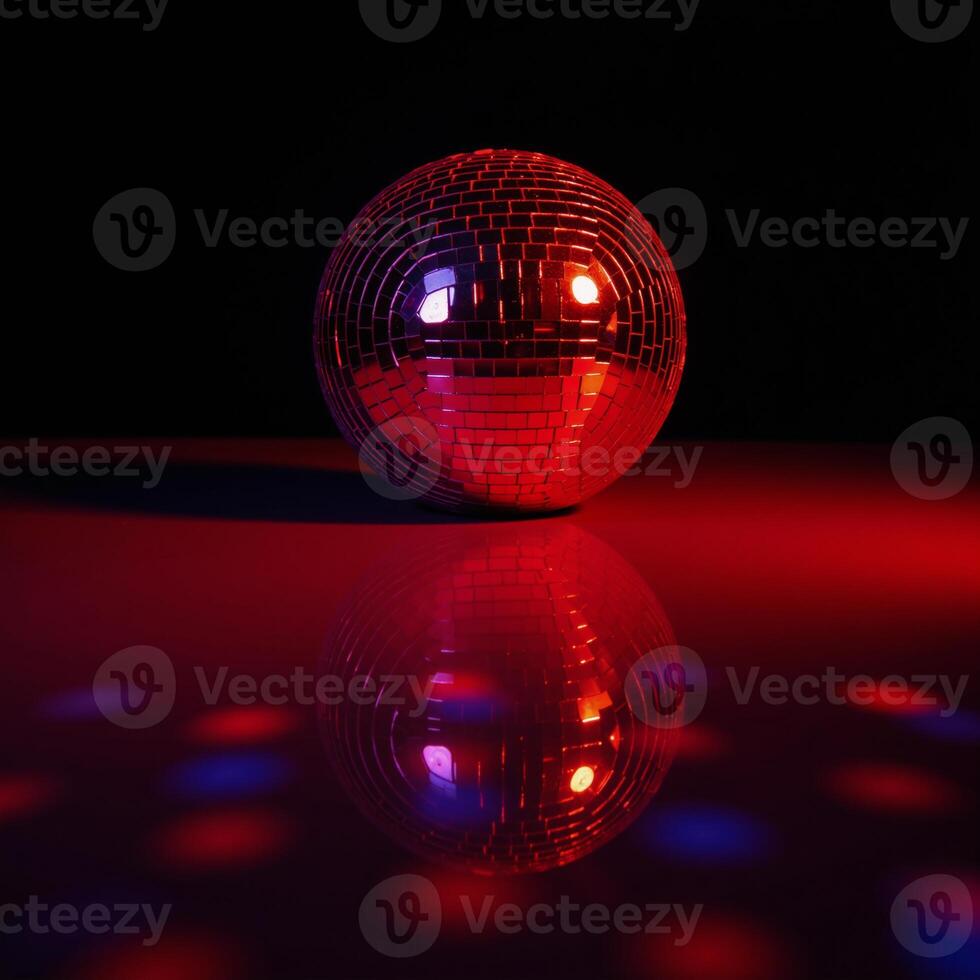A shimmering red disco ball reflects light against an empty backdrop symbolizing a festive and lively atmosphere photo