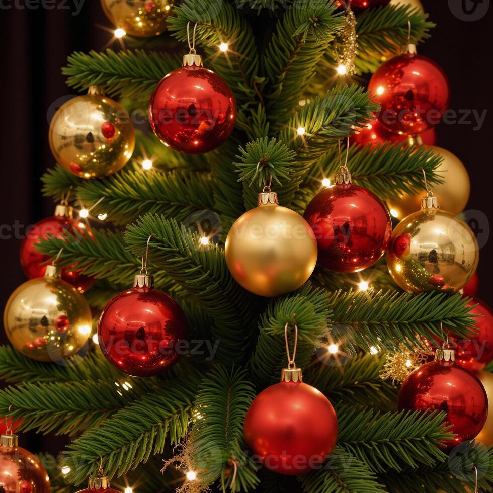 A Christmas tree featuring multiple bright ornaments accompanied by a goldenandred New Years tree arrangement photo