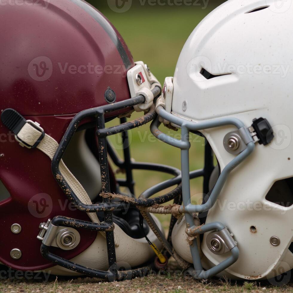 Two clashing helmets locked in an intense moment of impact showcasing sweat and dirt suspended photo