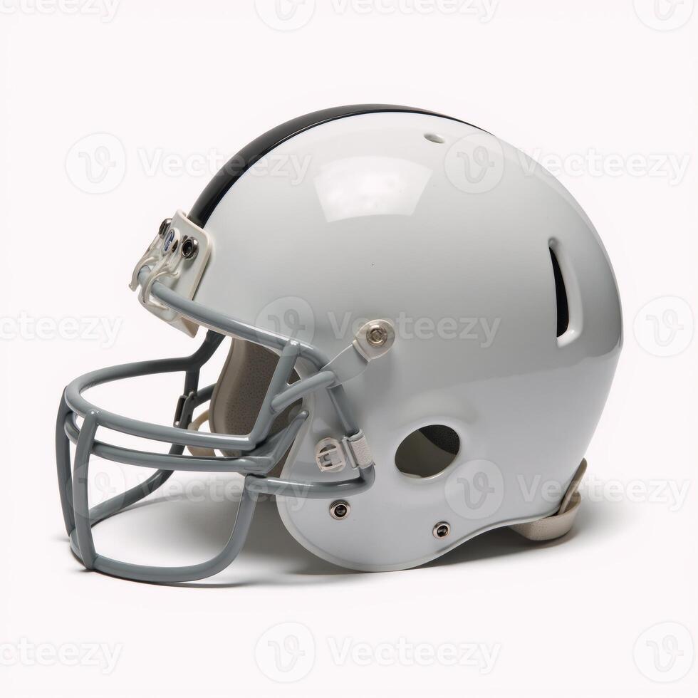 A striking image focuses on an iconic modern American football helmet against a white backdrop photo
