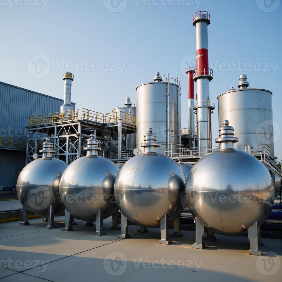 A detailed 3D rendering featuring liquefied gas storage spheres and production equipment in a chemical factory or plant within the broader context of the chemicals industry BVC ASME Reservoirs photo