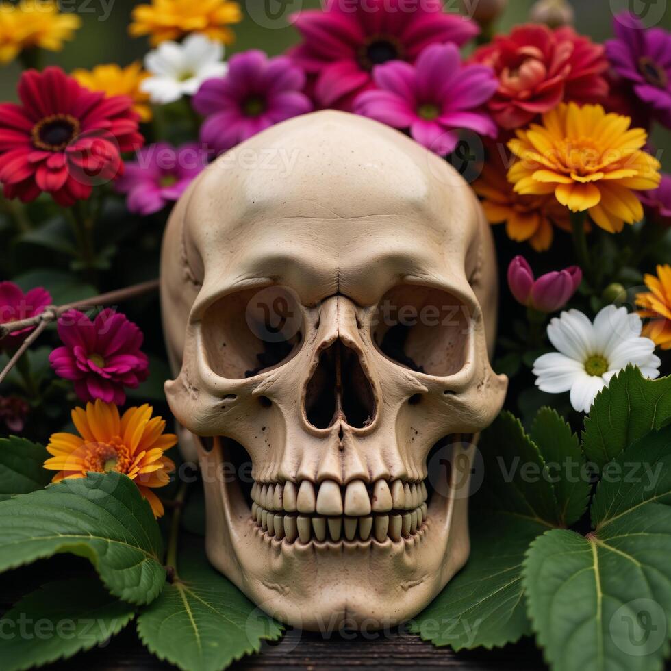 Skull adorned with vibrant flora and foliage Colorful Arrangement photo