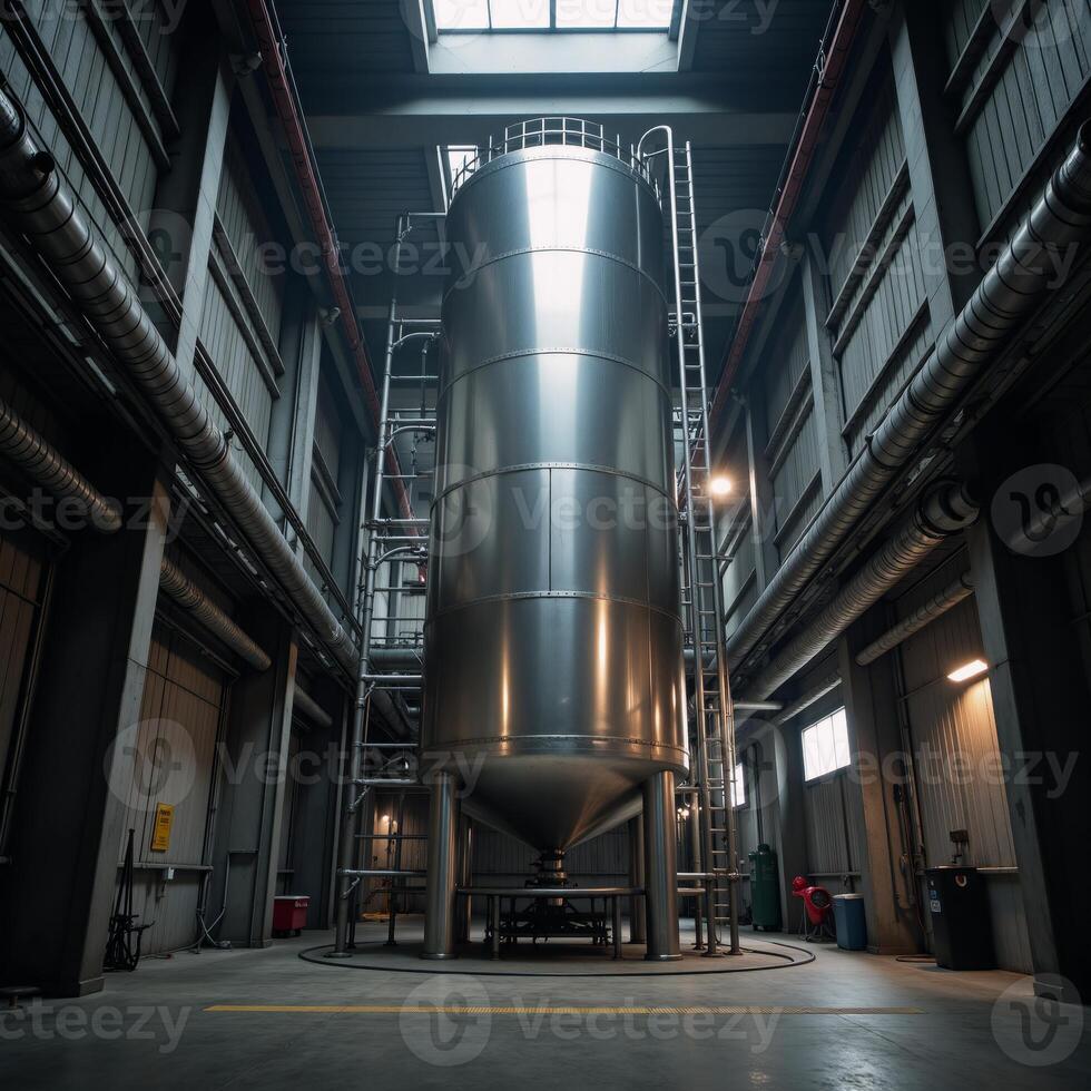 Inside a large futuristic hydrogen production facility illustrated through metal industrial tanks and surrounding pipes as envisioned by photo