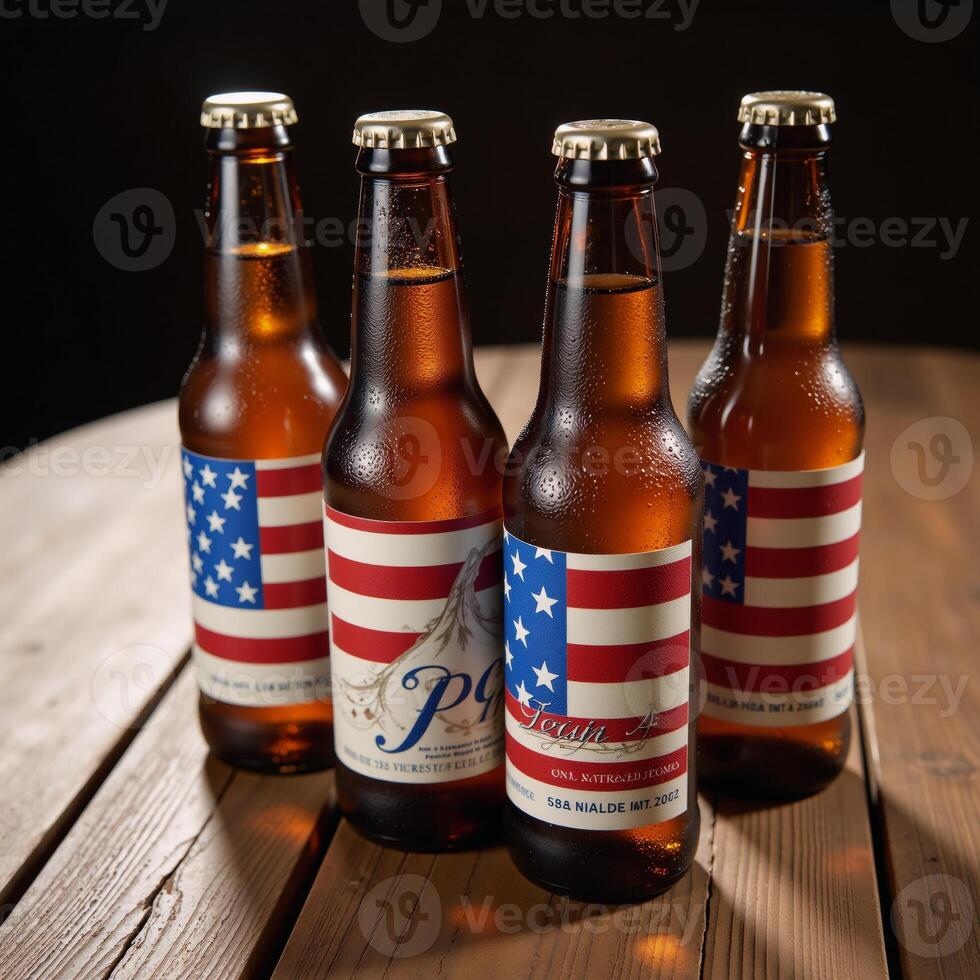 Four beer bottles adorned with American flags chill on a wood table evoking festivity and pride photo