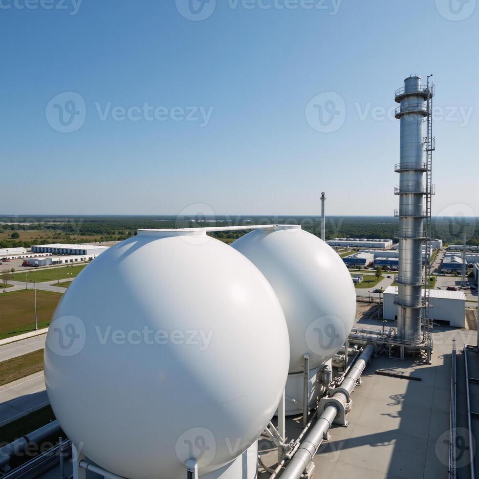 A modern petrochemical factory features spherical BPVC gas tanks in a setting with clear blue skies and other storage tanks for cryogenic liquids under the gaze of a processing station photo