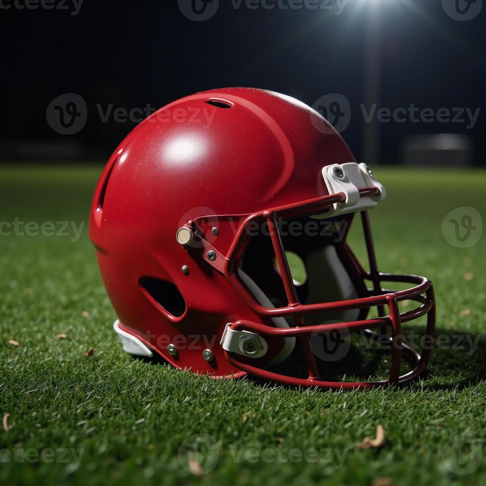 Red football helmet glows under spotlight on dirt field photo