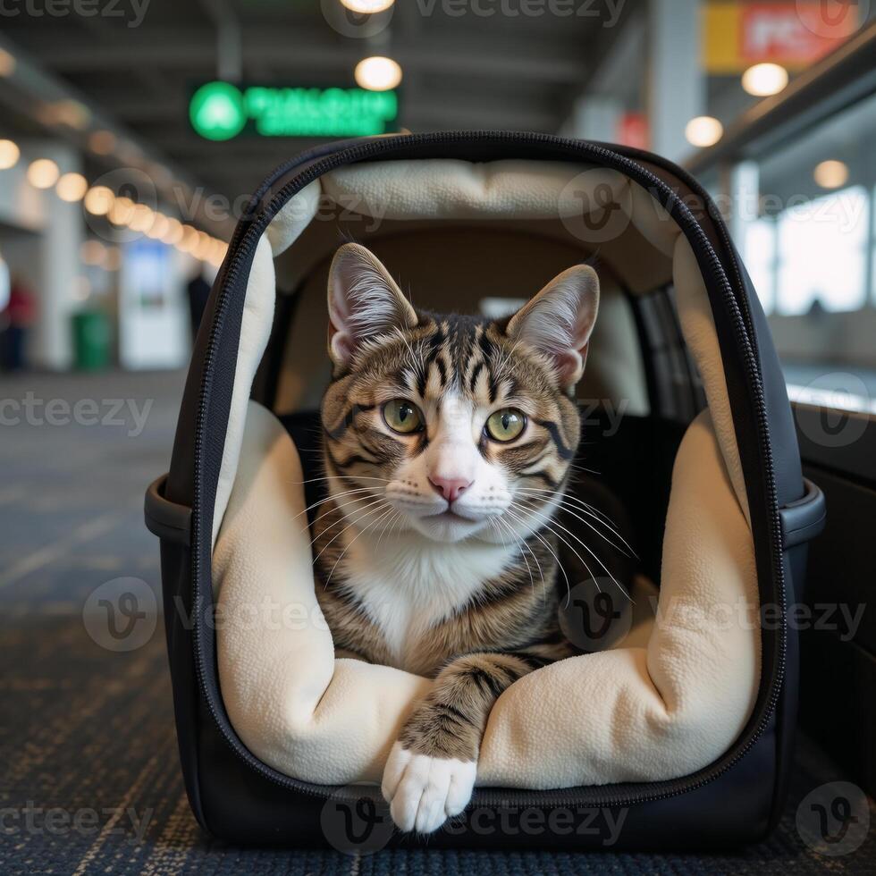 A cat inside an airport carrier photo