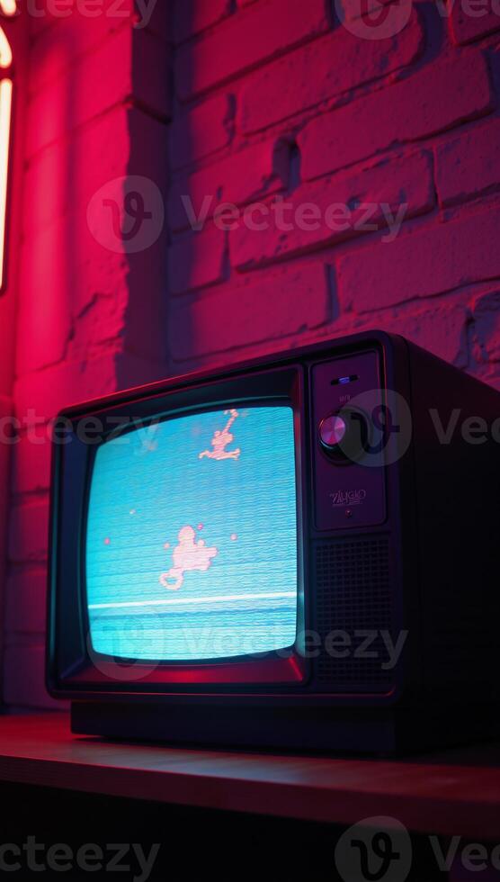 Retro TV set with glitching digital effects in neonlit room photo