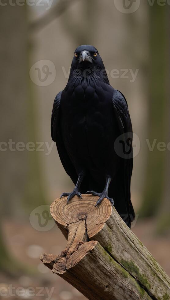 Majestic crow perched on weathered tree trunk dark atmospheric photo
