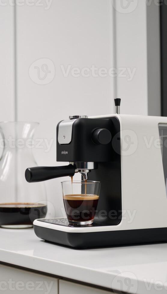 A stylish modern espresso machine serves up freshly brewed shots photo