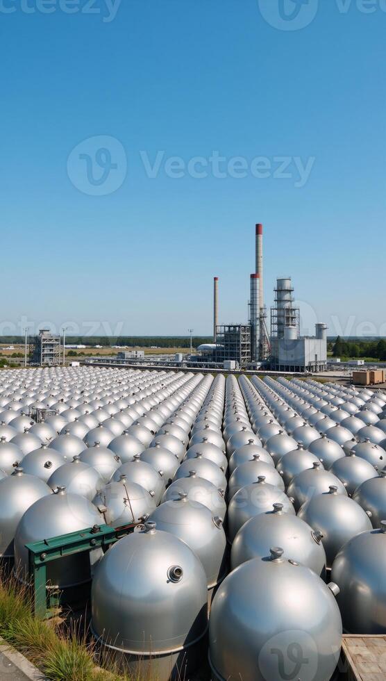 Spherical tanks at an industrial factory amidst containers and set against a clear blue sky depicting the exterior view of a chemical manufacturing facility with round storage tanks photo