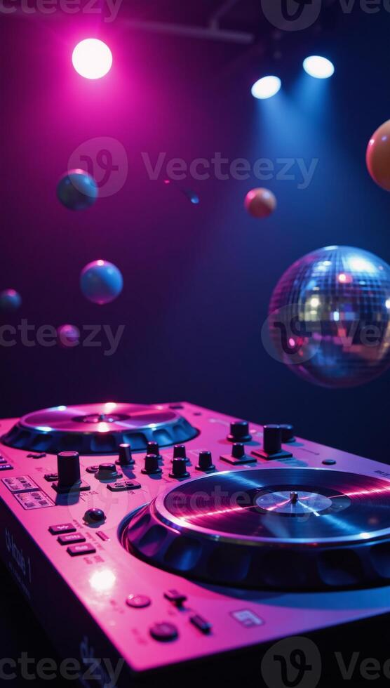 A luminous digital rendition of a vibrant DJ setup amidst glowing planets under a cosmic neon glow Nightclub Ambiance photo