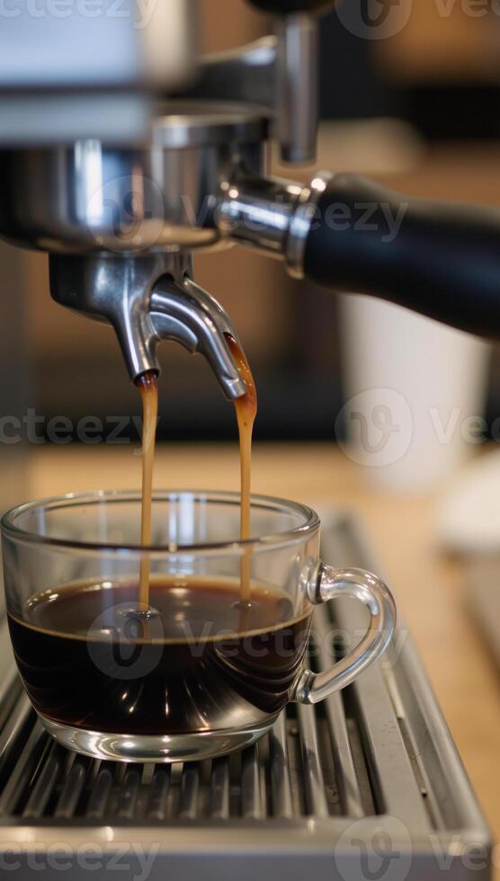 Sketch of a steaming espresso machine serving coffee into a cup against a blurry caf backdrop photo