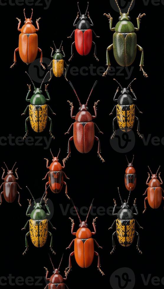 Colors pop as a variety of bugs and beetles scatter across a dark background Top View photo