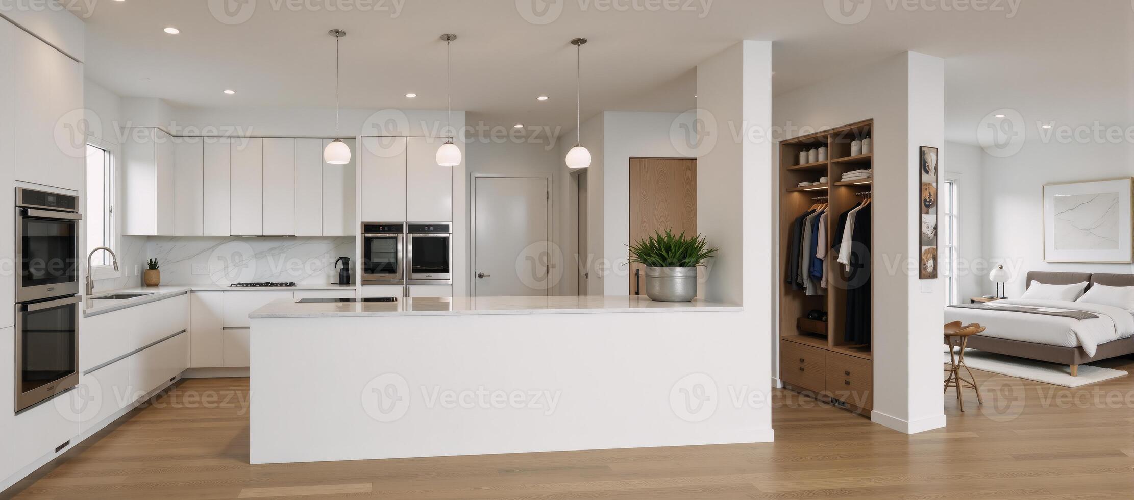 Modern home features luxurious whiteandwood kitchen bedroom with walkin closets 3D rendering showcases contemporary design elements highlighting open floor plan and highend finishes photo