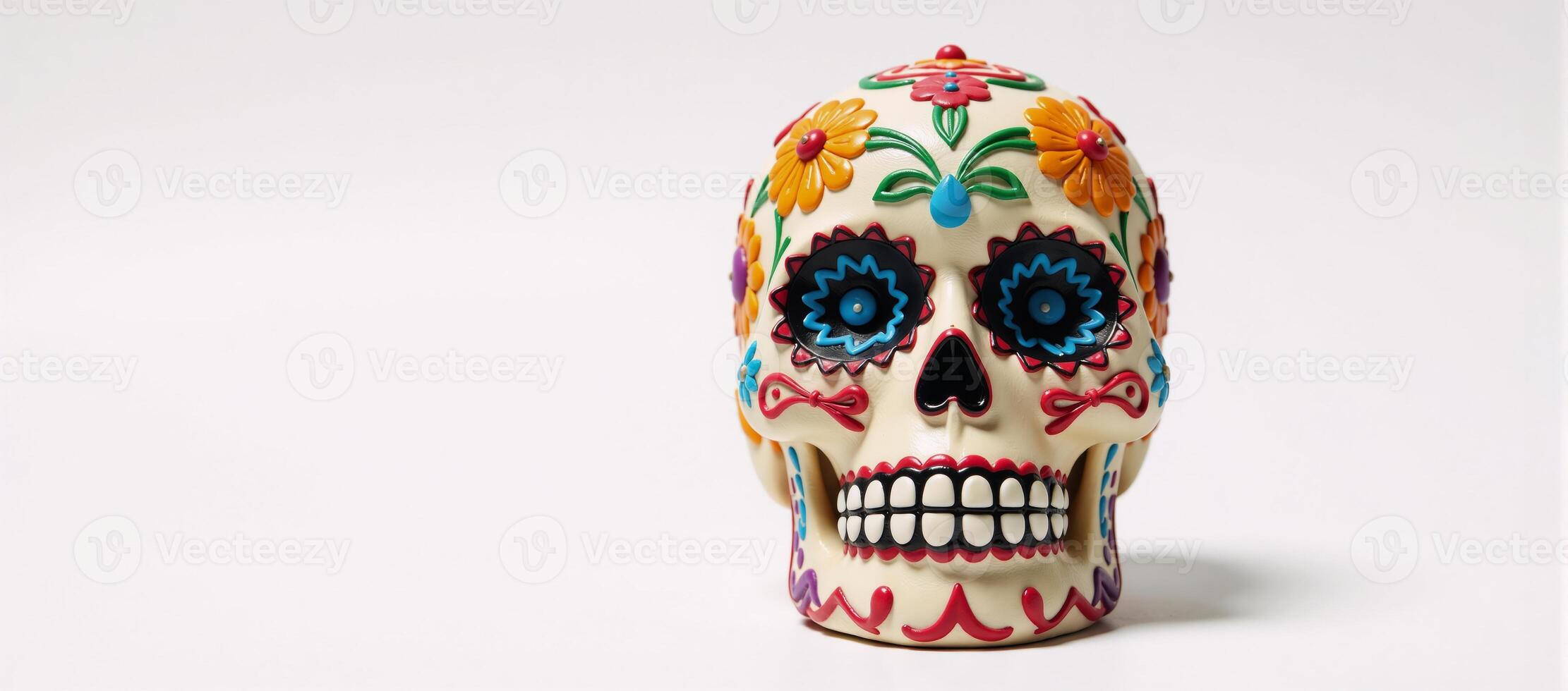 Stylized depiction of a vibrant decorated sugar skull against a pure white backdrop photo