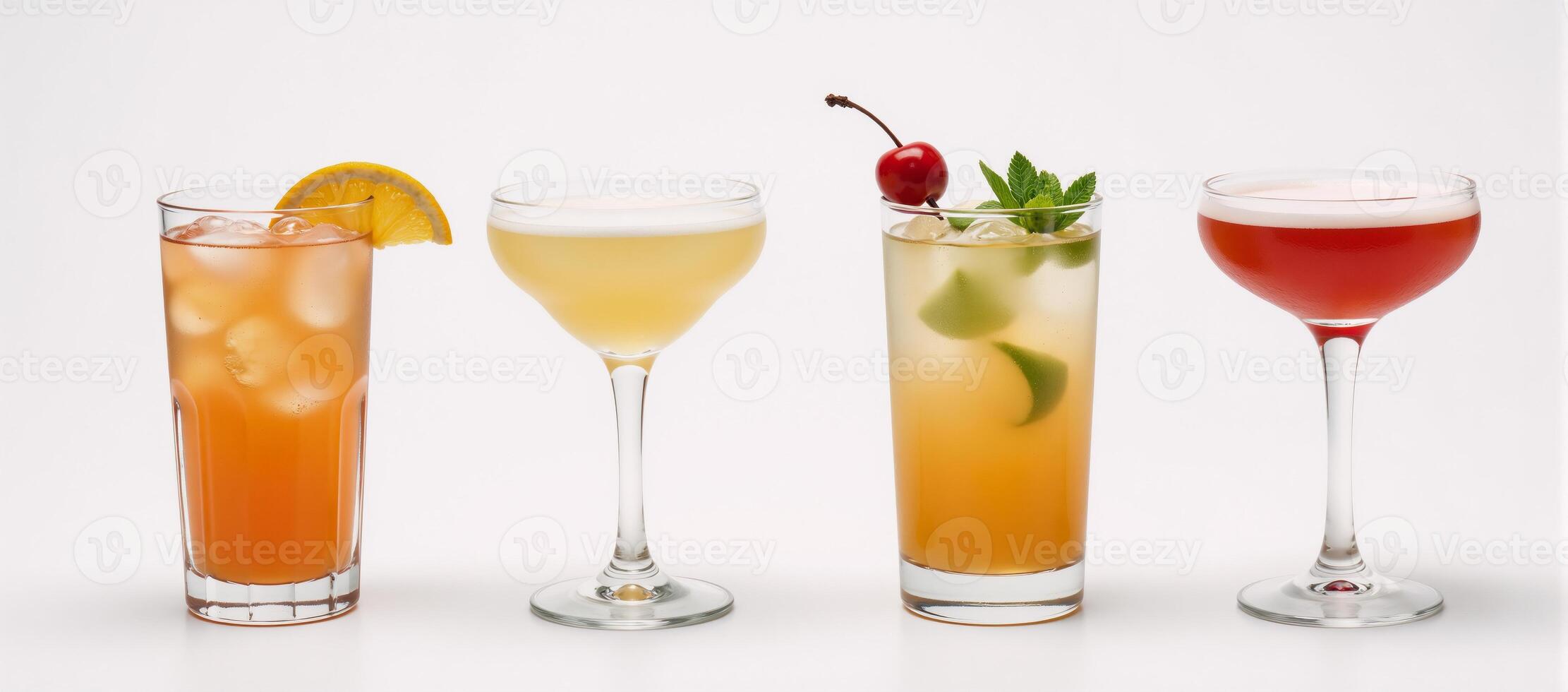 Cocktail shots against a simple white backdrop viewed from above photo