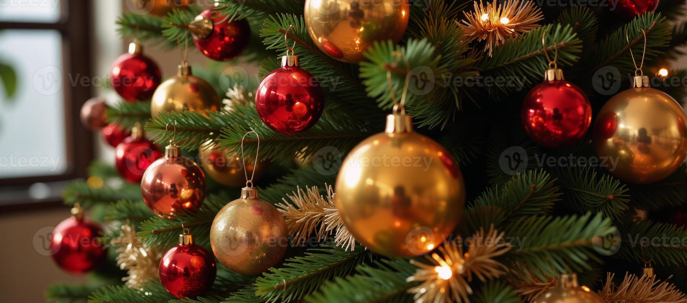 A Christmas tree featuring multiple bright ornaments accompanied by a goldenandred New Years tree arrangement photo