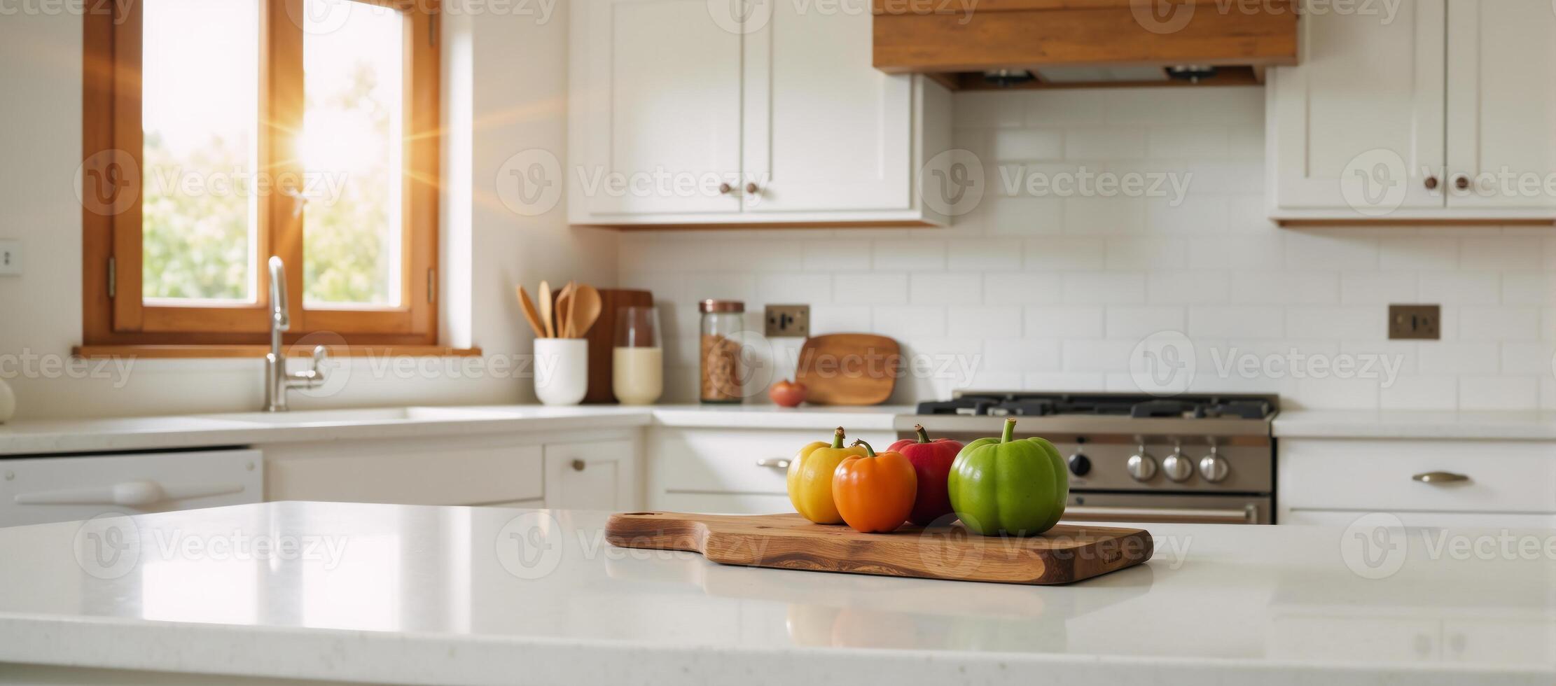 Cozy kitchen featuring white cabinets and warm wood accents photo