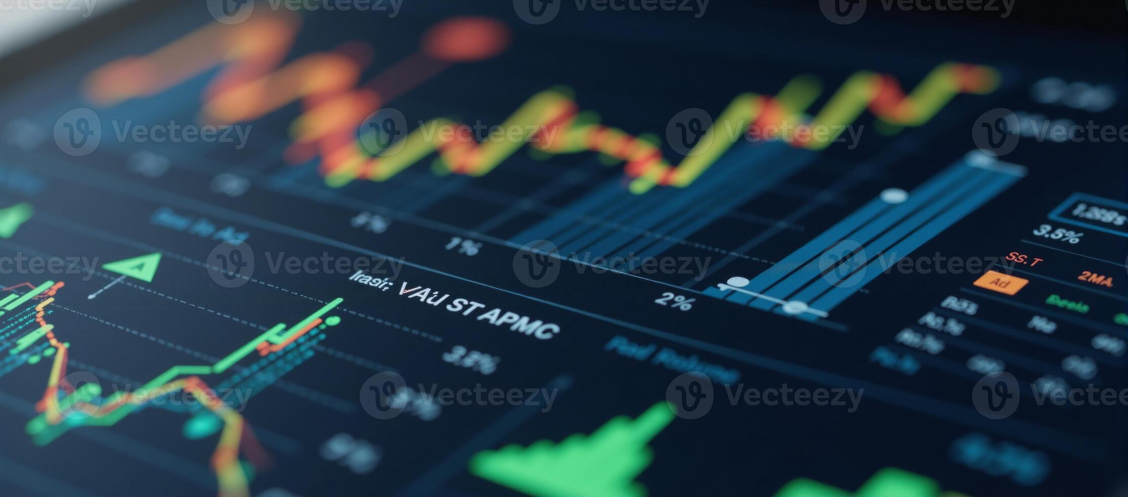 A graphfilled dashboard with blue orange and green stock market data photo