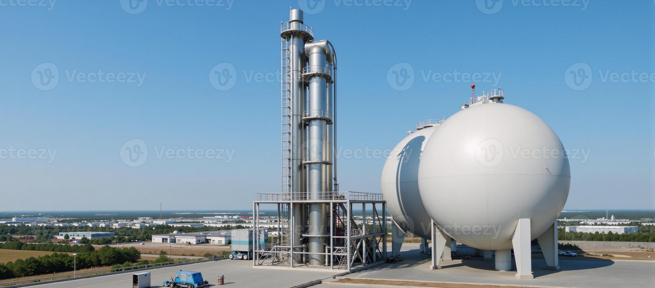 A modern petrochemical factory features spherical BPVC gas tanks in a setting with clear blue skies and other storage tanks for cryogenic liquids under the gaze of a processing station photo