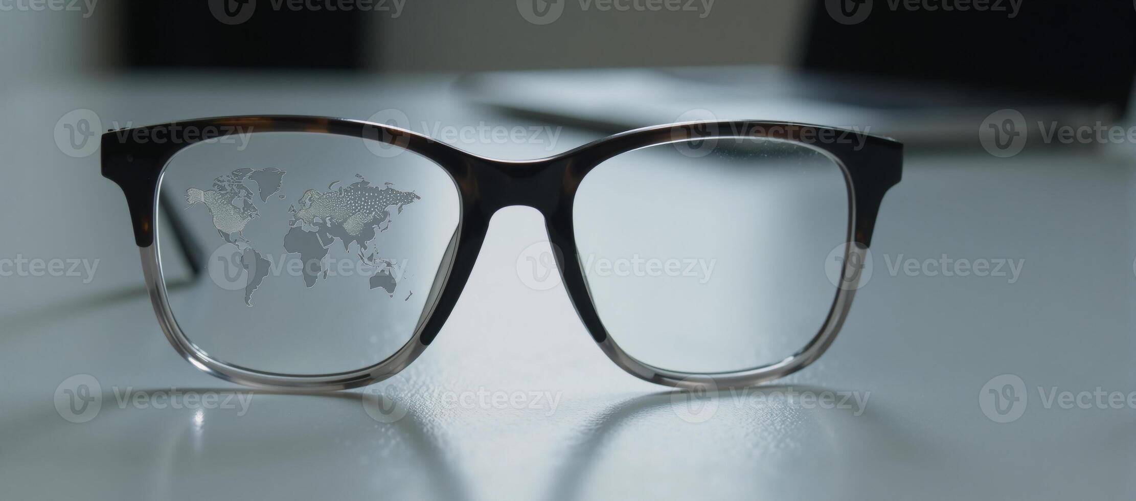 A world map financial charts reflected in stylish glasses symbolize global stock market surveillance photo