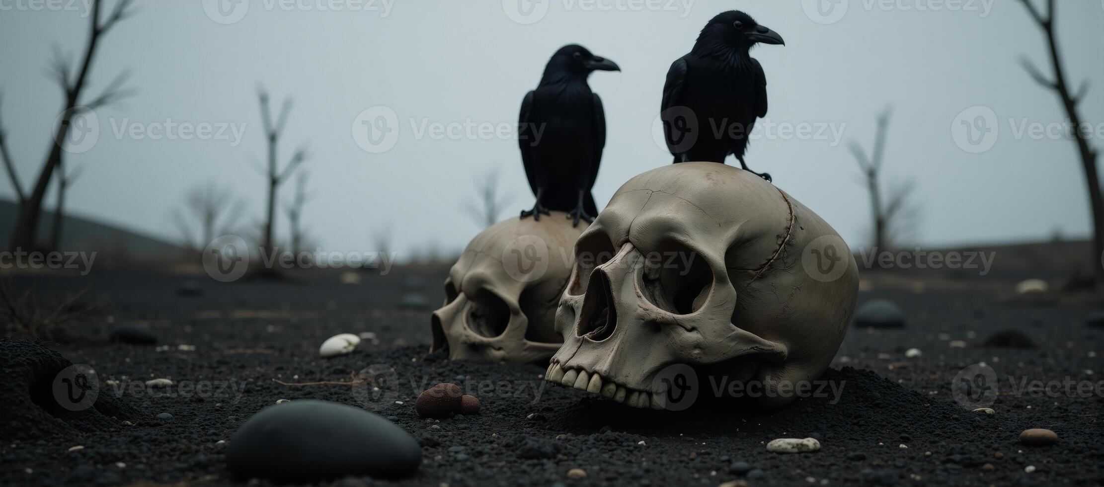 Ravens perched upon a skull within a brooding landscape photo