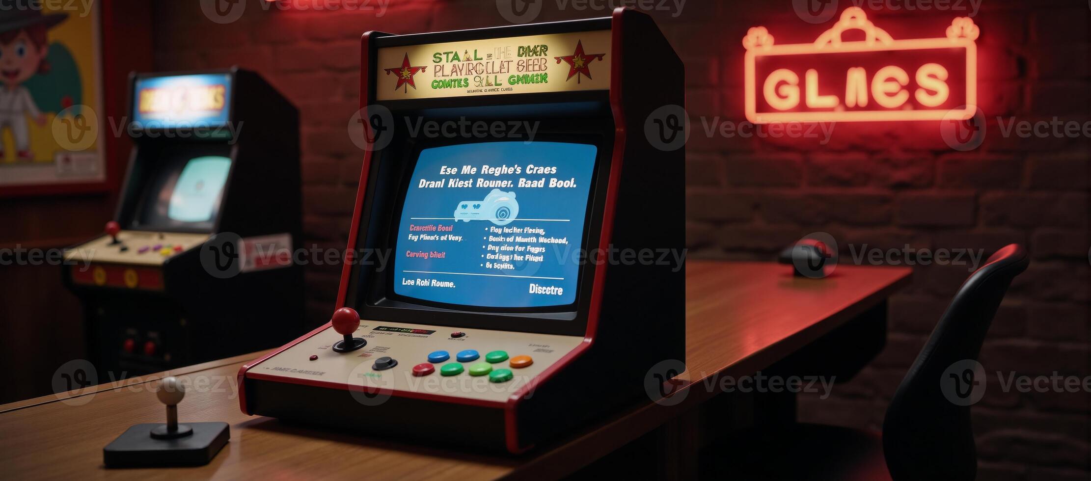 A nostalgic arcade room showcases a vintage gaming console and classic controls colorful joysticks buttons photo