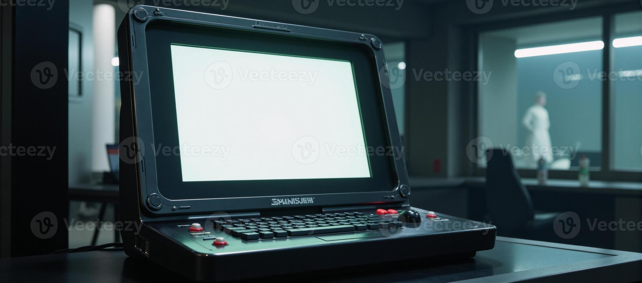A retrofuturistic scifi computer terminal awaits interaction on a blank screen within a game design setting photo