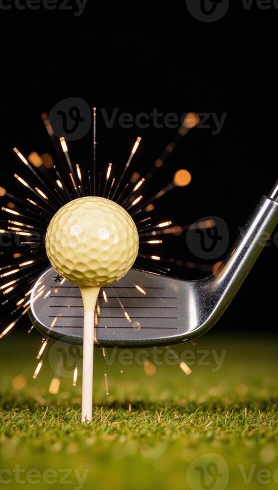 Dynamic closeup of golf ball impact with sparking droplets amidst a bokeh backdrop photo