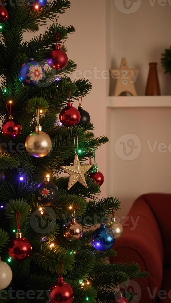 A traditional Christmas tree adorned with nostalgic ornaments photo