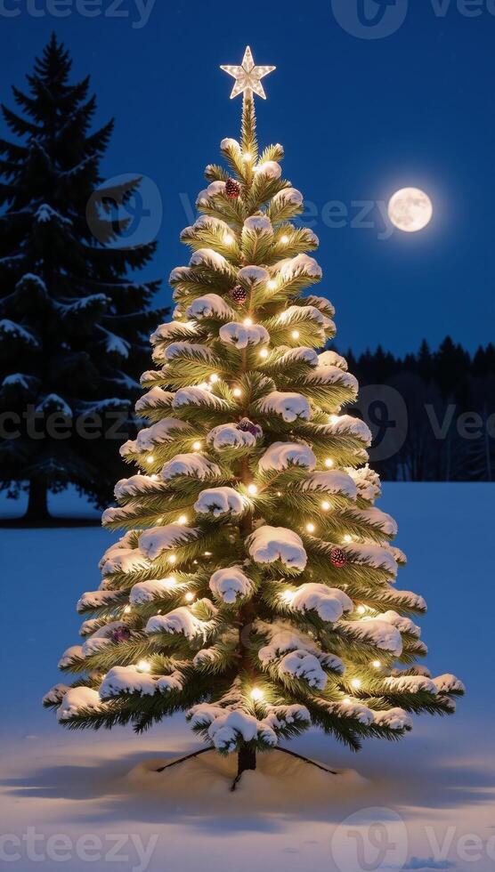 A beautifully decorated Christmas tree stands amidst a starry winter landscape with snowy ground and distant trees photo