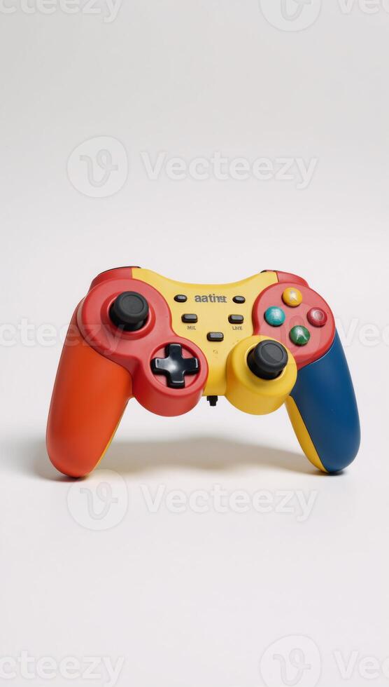 Colorful retro game controller against minimal white backdrop photo