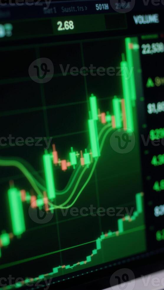A graph displays rising values of cryptocurrencies through upwardtrending green candlesticks on a stock market chart along with volumetric and temporal representations of the currencys previous price photo
