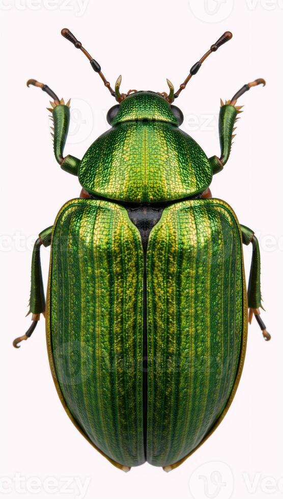 Isolated green June Beetle bug with intricate details against a plain backdrop photo