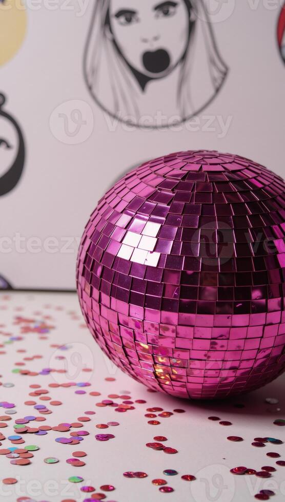 Pink disco ball adorned with colorful squares amidst a shower of sparks and confetti within an illustrative scene photo