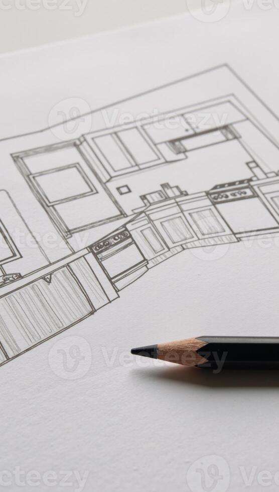 Modern kitchen layout in sleek style featuring topnotch appliances illustrated as an intricate pencil sketch ideal for design presentations or showcasing home remodeling projects photo