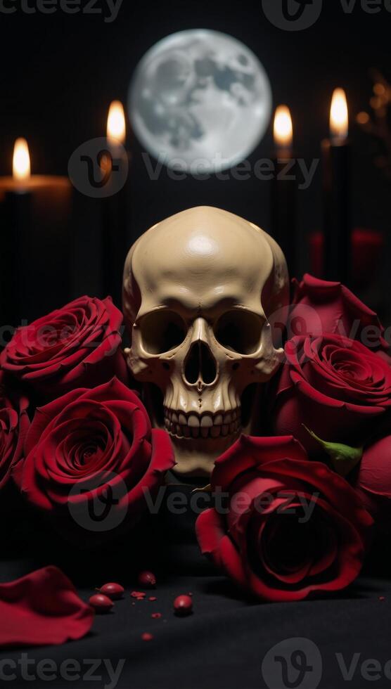 A gothic still life features an ornate skull amidst a luxurious arrangement of darkred roses under eerie moonlight and flickering candlelight photo