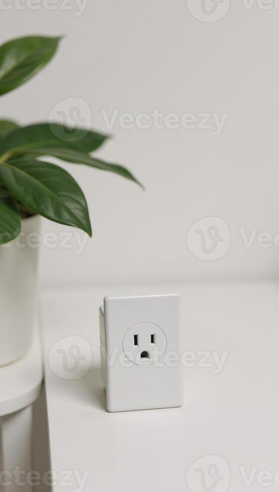 Closeup perspective of an empty interior bedroom side table with visible electrical outlet mockup photo