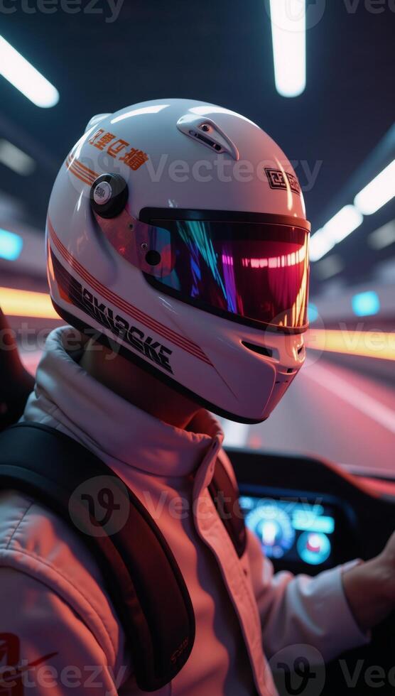 Dynamic racing helmet within an exciting game scene photo