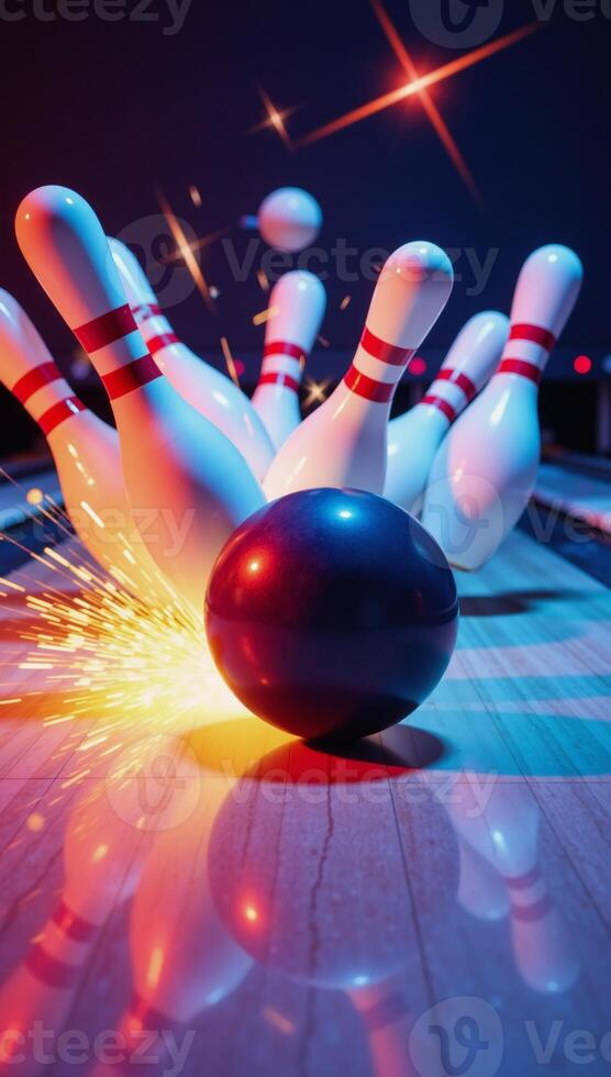 A brightly colored cartoony image of a bowling ball knocking over pins in an alley photo
